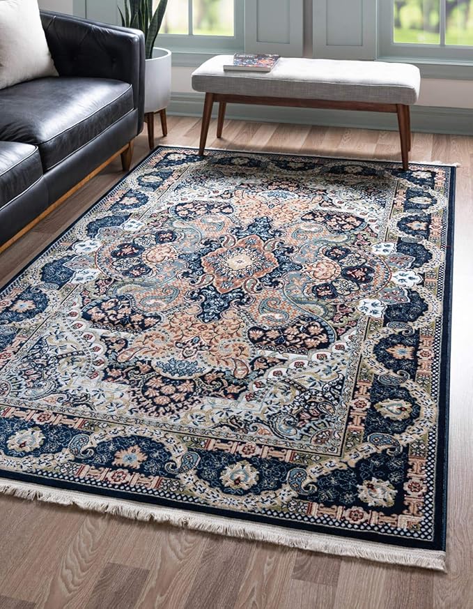 Unique Loom Narenj Collection Classic Traditional Medallion Textured Design Area Rug, 3 x 5 ft, Navy Blue/Tan