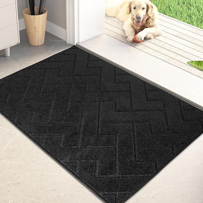 PURRUGS Dirt Trapping Door Mat 20" x 31.5", Non-Slip Machine Washable Entry Rug, Shoe Scraper, Dog Doormat, Super Absorbent Welcome Mat for Front & Back Door, Muddy Wet Shoes & Paws, Black