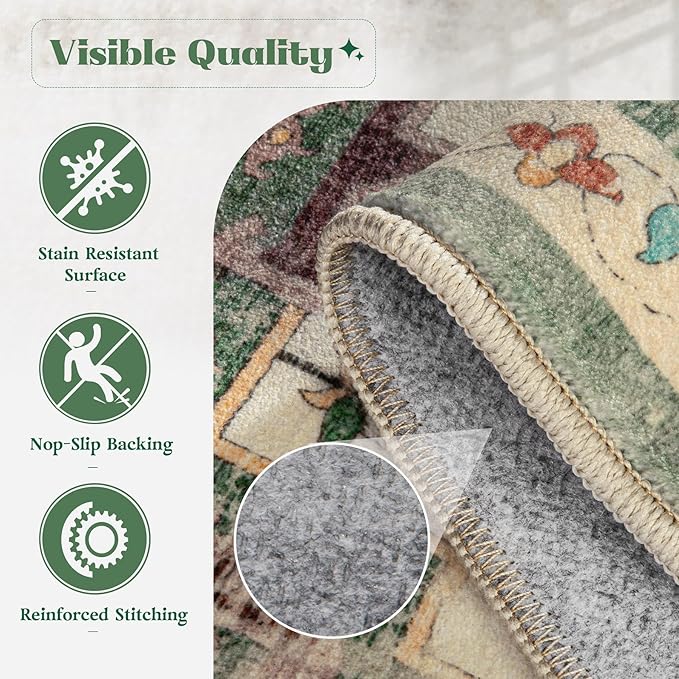 Area Rug 8x10 Washable Rug, Vintage Boho Medallion Rugs Non-Slip Soft Low Pile Large Distressed Rug Indoor Retro Carpet for Living Room Bedroom Dining Room Home Office (Green Beige, 8'x10')