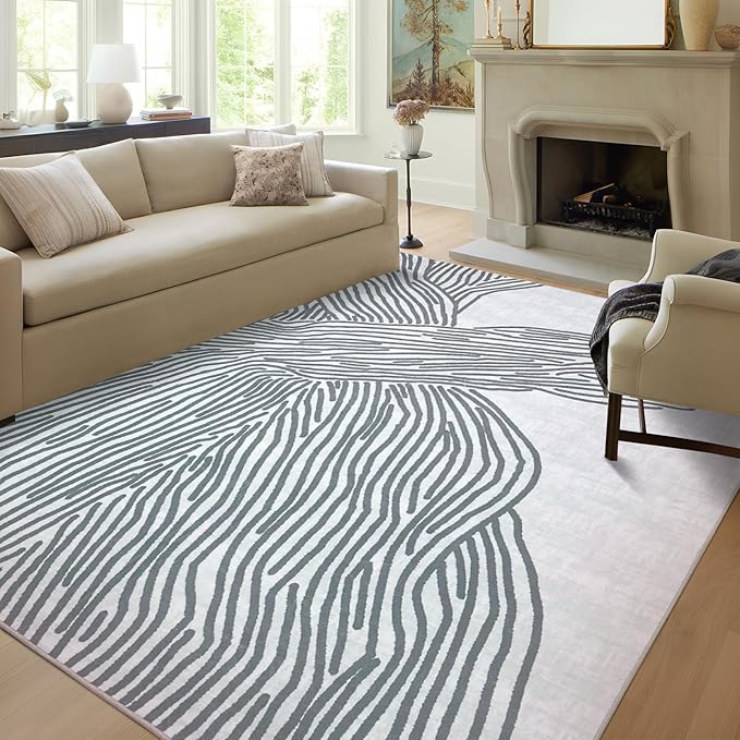 YIHOUSE Grey Rug for Living Room, 5×7 Modern Abstract Area Rug, Geometric Contemporary Wave Striped Rugs for Playroom Nursery, Washable Nonslip Large Rug for Bedroom Dining Room