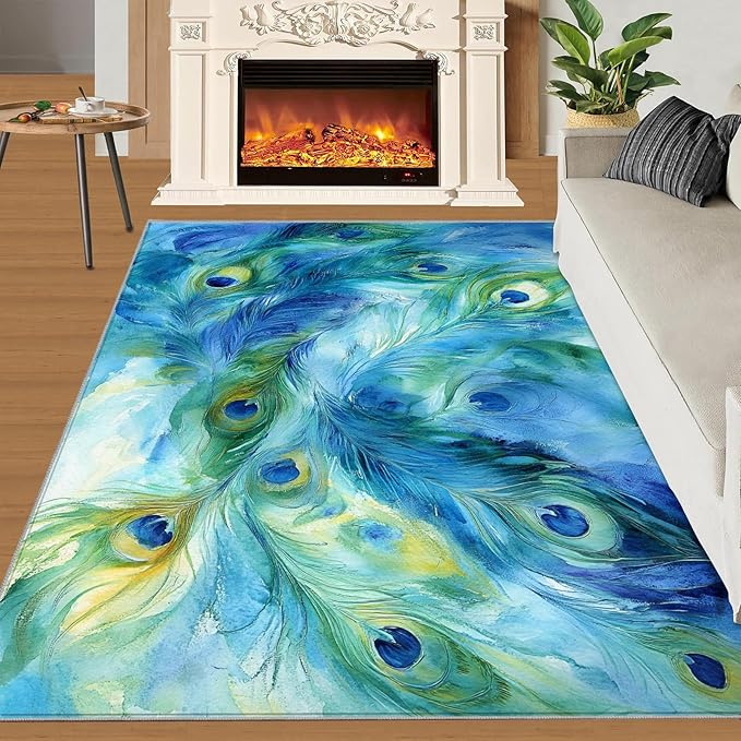 Peacock Feather Rug 5x7-5x7 Rug, Teal Turquoise Area Rugs for Bedroom, Malachite Green Feather Rugs for Living Room, Peafowl Washable Mat, Peacock Feather Carpet - Peafowl Home Decor & Gifts
