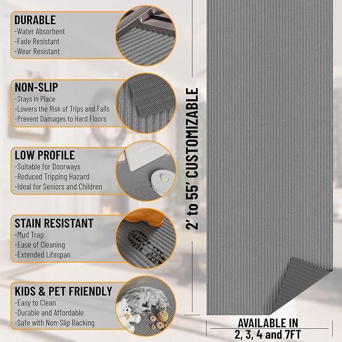 Ottomanson 2'7" x 19' Hallway Runner with Scraper Pile - Extra Durable Non-Slip Rug Mat for Indoor & Outdoor Use - Ideal for Kitchen, Entryway & Garage - High-Traffic Carpet, Gray
