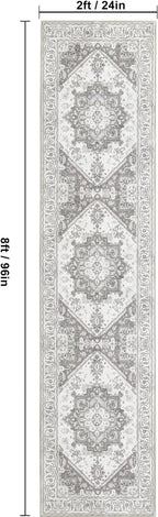 XWZO Washable Hallway Runner Rug 2x8ft — Non-Slip Low Pile Area Rug with Rubber Backing, Spill Resistant Soft Vintage Floor Carpet Runner for Kitchen Entryway Doorway Bedroom Corridor, Grey
