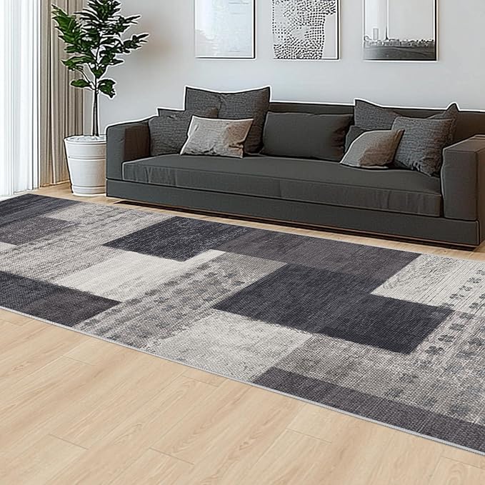 Modern Geometric Patchwork Indoor Runner Rug for Living Room, Charcoal 2.7'x 10' Rug Rockwood Collection Hardwood Floors Decor for Bedroom, Grey Throw Carpet for Office Entryway Dining Room