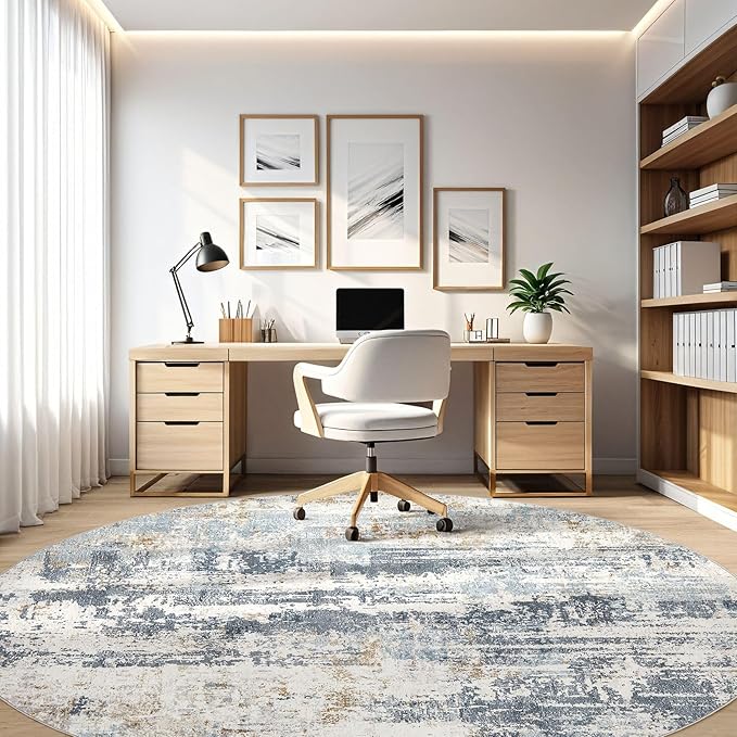 Round Rug Living Room Rugs: 8Ft Washable Circle Large Abstract Modern Soft Stain Resistant Non Slip Indoor Floor Carpet for Bedroom Nursery Office Dining Room Dorm Home House Decor- Light Blue