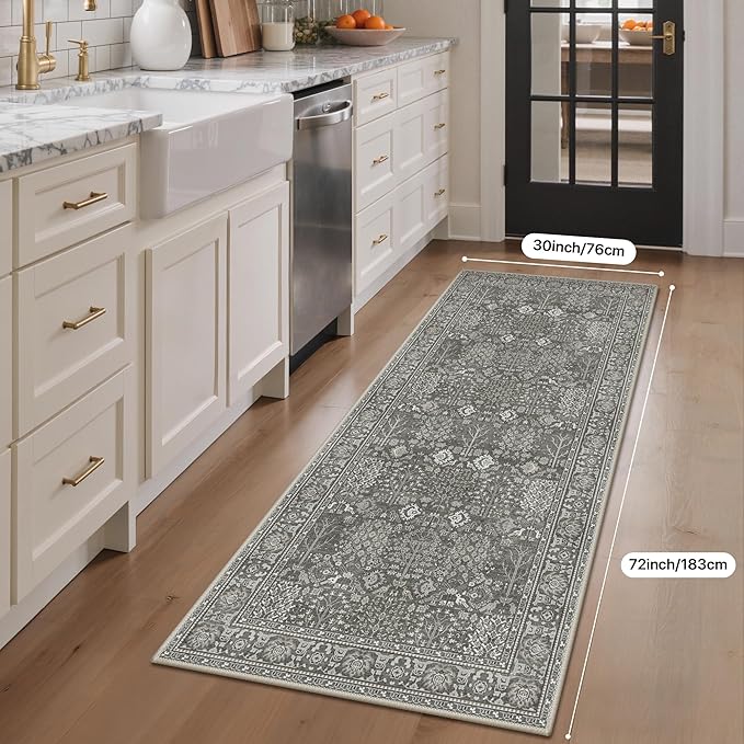 Bavni 2'6''x6 Rug Runners for Hallways, Washable Runner Rug Non Slip, Vintage Floral Print Style Rugs for Bedroom-Lightweight Low Pile Carpet for Hallways Bathroom, Gery