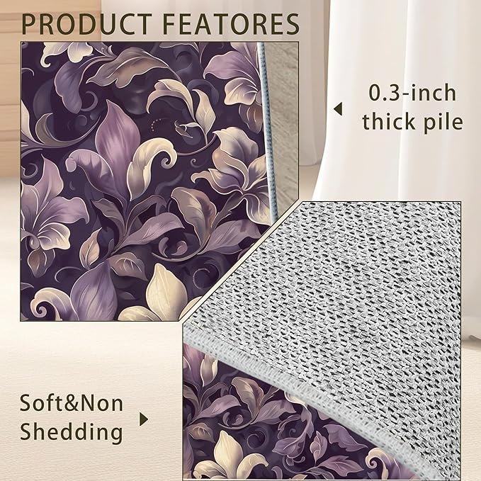 Purple Luxury Floral Texture Rug for Living Room 5x7, Low Pile Non-Slip Backing, Machine Washable Easy Fold Rug for Home, Office, Dorm Room