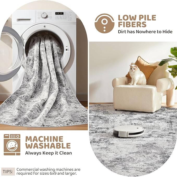 Square Area Rugs : Washable 5x5 Neutral Modern Abstract Carpet for Living Room Bedroom - Soft Floor Mat with Non Slip Backing for Kitchen Nursery Dorms Farmhouse Home Decor - Grey