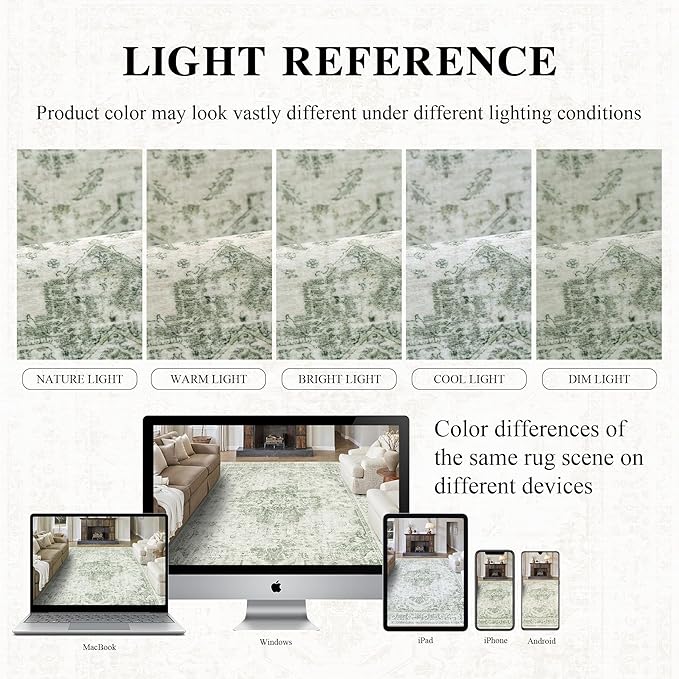 9x12 Vintage Washable Area Rugs Boho Medallion Large Distressed Retro Accent Carpet Floral Non-Slip Soft Low Pile Indoor Throw Rug for Living Room Bedroom Dining Room Office Kitchen, Green