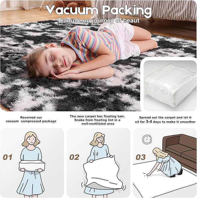 Black and White Rugs for Bedroom, 3x5 Fluffy Small Area Rugs for Living Room, Soft Shag Fuzzy Carpet with 4 Non-Slip Stickers for Kids Boys and Girls Nursery Room Dorm Home Decor (3ft x 5ft)