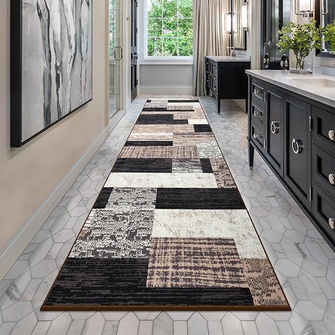 Indoor Runner Rug, Washable Runner Rug with Rubber Backing, Modern Geometric Patchwork Aesthetic Carpet for Bedroom, Living Room, Hallway, Entryway, Washable Rugs Rockwood Collection,2.7x8Ft Chocolate