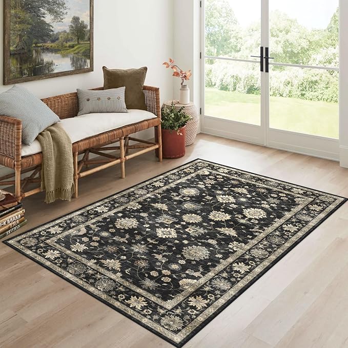 3x5 Washable Area Rug - Small Entryway Rug Non-Slip Charcoal Black Vintage Traditional Floral Kitchen Rugs Low Pile Boho Entry Carpet Throw Rugs for Living Room Bedroom Bathroom Entrance Office