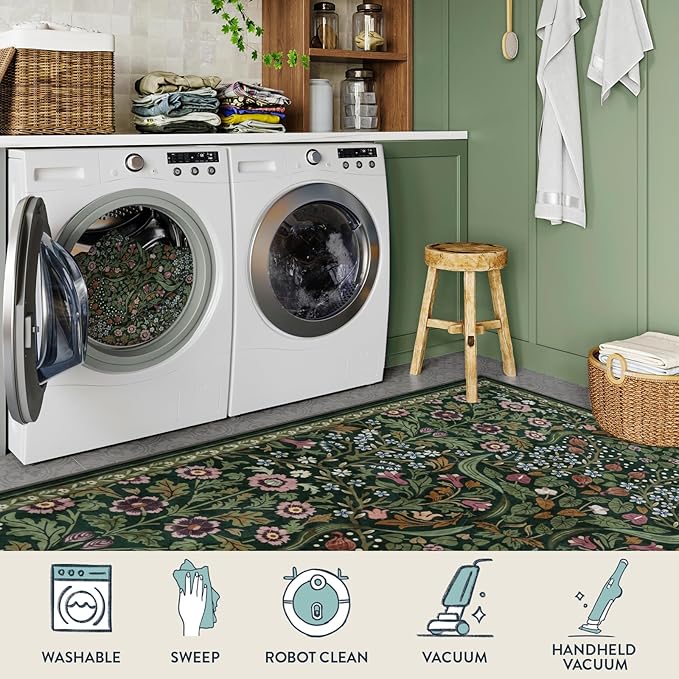 Lahome Floral Kitchen Runner Rug, 2.6x8 Green Non Slip Hallway Runner Rug, Soft Thin Stain Resistant Long Carpet for Laundry, Washable Boho Carpets for Bathroom Entryway