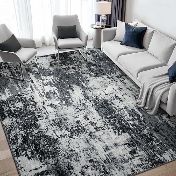 Washable Area Rugs Square 7ft Non-Slip Modern Abstract Soft for Living Room Entryway Bedroom Nursery, Print Pattern, Black Gray
