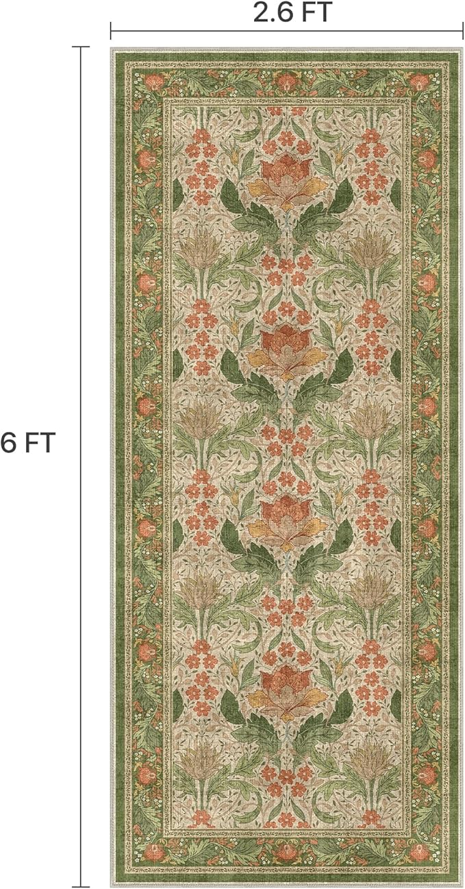 Bavni 2'6''x6 Runner Rug,Microfiber Washable Non-Slip Vintage Floral Rugs,Low Pile Lightweight Carpet for Bedroom,Hallway,Entryway,Kitchen,Bathroom, Sage Green & Burnt Orange