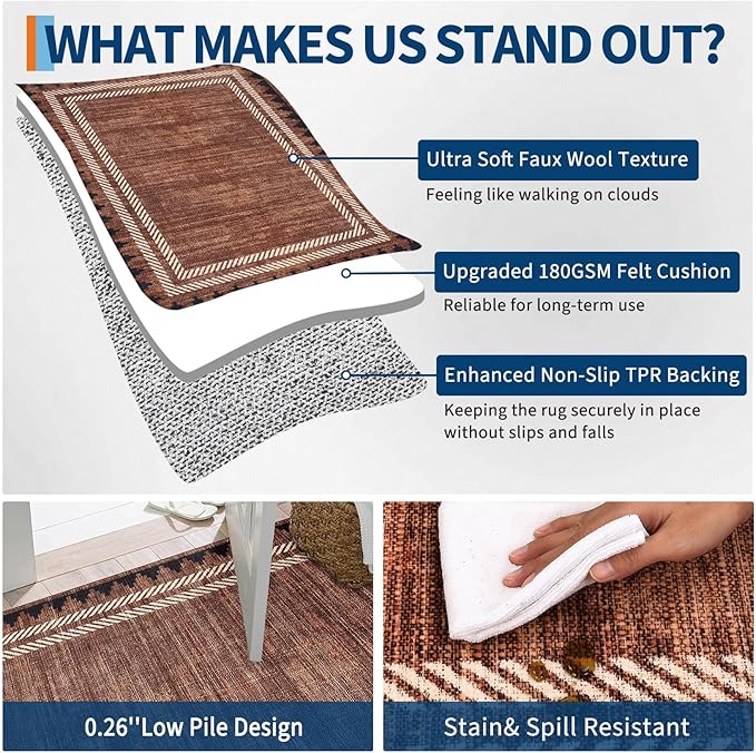 Modern Bordered 2x6 Kitchen Runner Rugs Non Slip Washable Geometric Non-Shedding Carpet for Entryway Hallway Foldable Soft Stain Resistant Low Pile Rug for Dining Room Bedroom, Brick Red