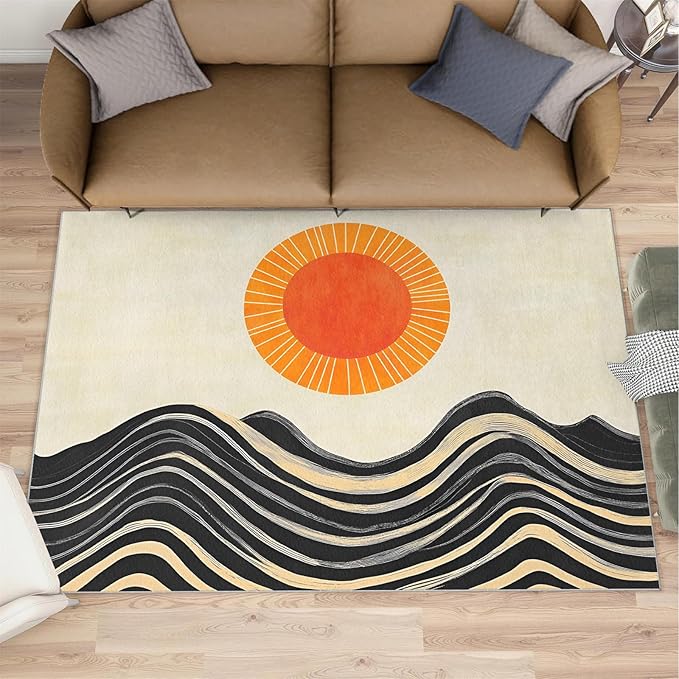 Boho Sun Area Rugs 5x8ft, Watercolor Mountain Living Room Carpet, Abstraction Deco Decorative Carpet Protect Floor for Bedroom Men Office Hardwood Floors