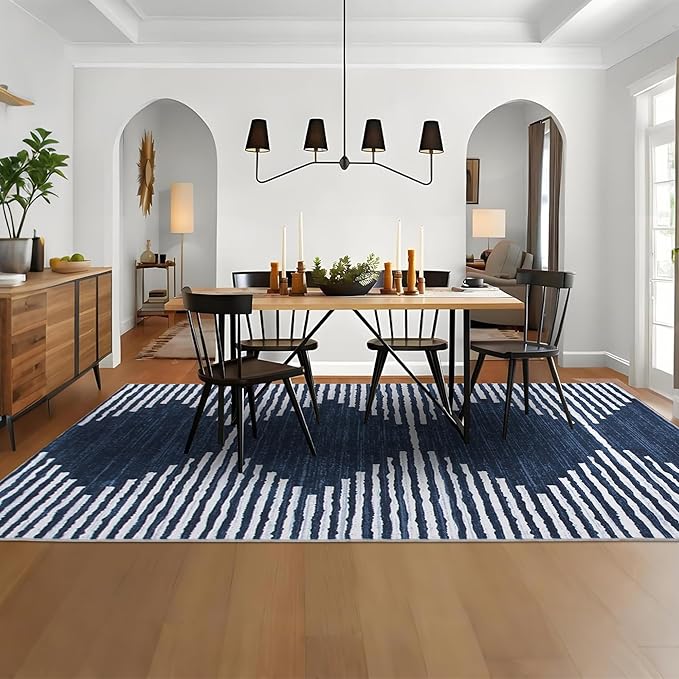 HelloTree Area Rug for Living Room 9x12 Washable Geometric Moroccan Rug Stripe Farmhouse Bohemian Minimalistic Non Slip Non Shedding Ultra Thin Soft Rug for Bedroom Office DiningRoom Nursery-Blue