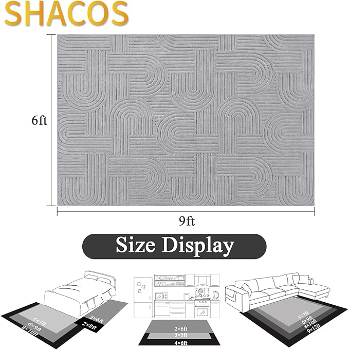 SHACOS Soft Cozy Fluffy Arch Pattern High Low Pile Area Rugs 6'x9' Large Non Slip Washable Modern Geometric Rug Scandinavian Minimalist Carpet for Living Room Bedroom Dining Room, Light Grey