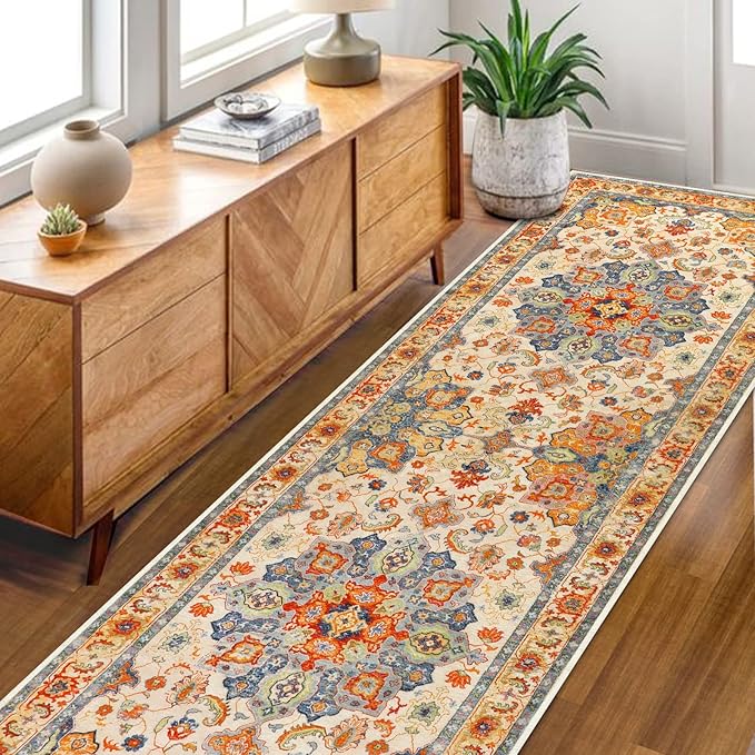 COMSLE Boho Runner Rug, 2' x 8' Washable Rugs for Hallway Faux Wool Small Kitchen Area Rug Distressed Throw Rug Non-Slip Laundry Room Rug Carpet Runner for Entryway Indoor Bedroom