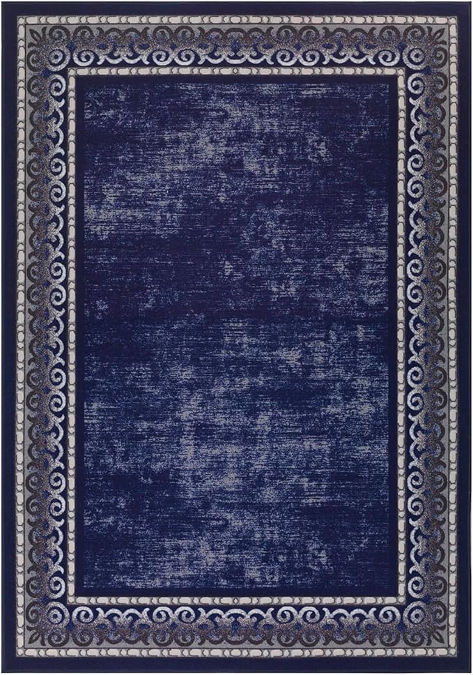 Antep Rugs Alfombras Bordered Modern 4x6 Non-Slip (Non-Skid) Low Pile Rubber Backing Indoor Area Rug (Navy, 4' x 5'8")