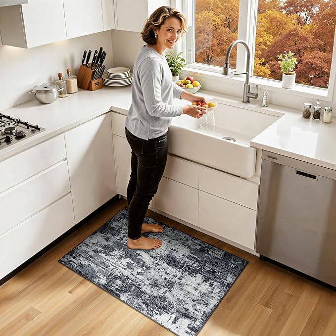 Washable Area Rugs 2'x3' Non-Slip Modern Abstract Soft for Living Room Entryway Bedroom Nursery, Print Pattern, Black Gray