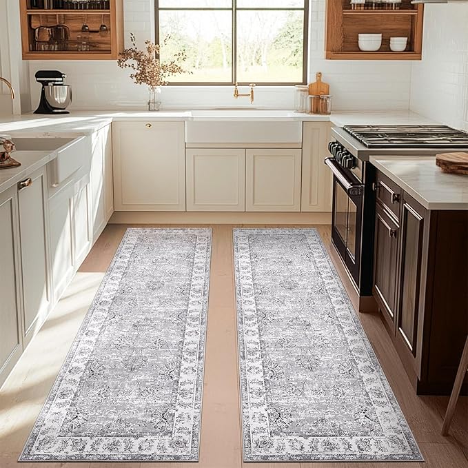 jinchan Fiora Runner Rug 3x10-2pcs Kitchen Washable Vintage Hallway Rug Floral Print Floor Cover Indoor Thin Retro Mat Accent for Bathroom Laundry Room Bedroom Office Farmhouse (Double, Grey)