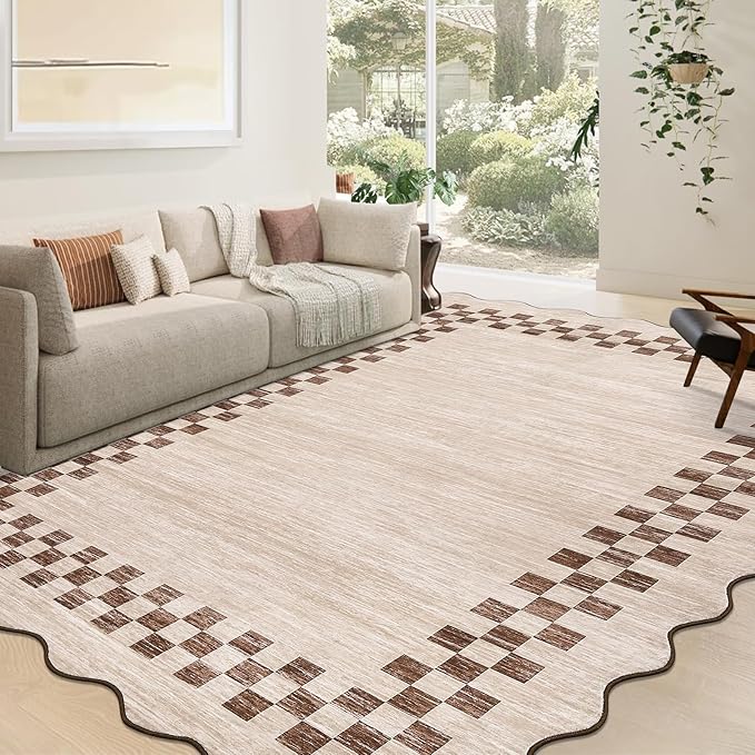 GarveeHome Washable Rug 5x7 for Living Room Large Bedroom Scalloped Rug Non Slip Stain Resistant Modern Border Throw Carpet Soft Boho Rug for Dining Room Nursery Home Office, Beige