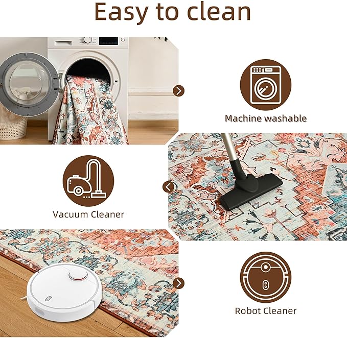 YJ.GWL Area Rugs for Living Room 6x9 Machine Washable Rugs, Non Slip Floral Vintage Rug Indoor Carpet, Stain Resistant Large Rug for Bedroom Dining Room, Copper Tan