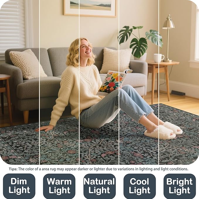 5x7 Washable Area Rugs for Living Room, Stain Resistant Vintage Rugs for Dining Room Under Kitchen Table, Bedroom, Floral Low Pile Non-Slip Large Carpet (5 x 7 Dark Green)