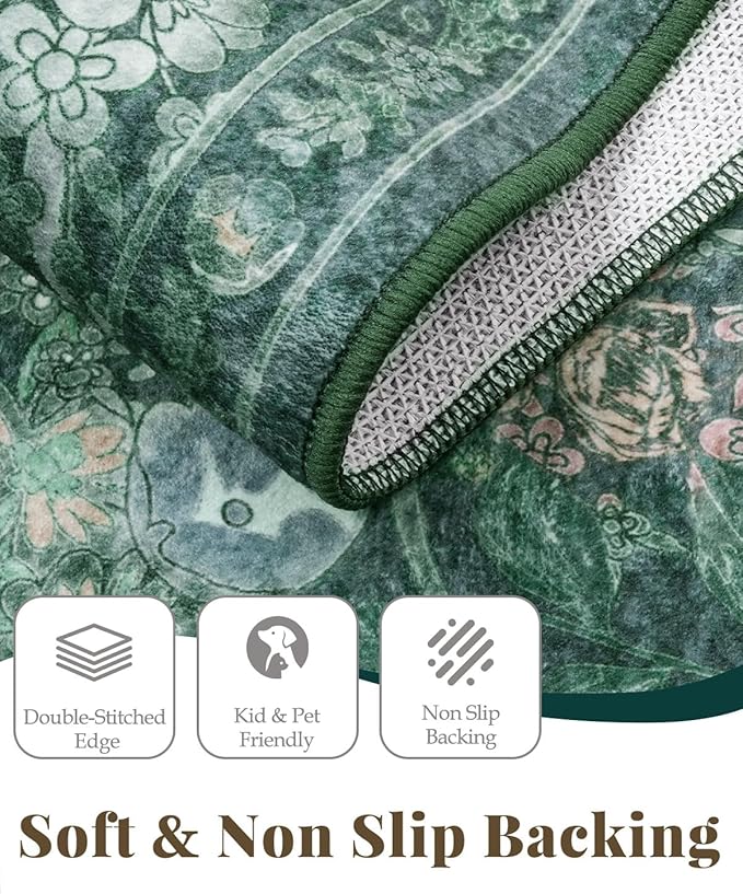 Green Boho Floral 3x5 Rugs for Large Entryway, Farmhouse Botanical Washable Area Rug for Dorm, Bedroom Bedside, Foyer, Kitchen, Laundry - Cottagecore Distressed Carpet, Low Pile Non Slip Mat