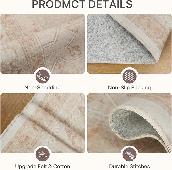 8x10 Area Rugs for Living Room, Machine Washable Non Slip Vintage Rugs, Low Pile Lightweigt Print Indoor Rug for Bedroom, Dining Room, Home Office, Pink