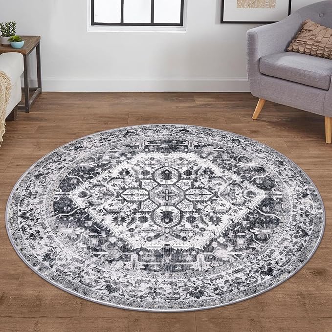 KOZYFLY Round Rug 5 Ft Rugs for Entryway Washable Circle Entrance Rug Non Slip Round Doormat Indoor Printed Faux Wool Round Front Door Mat Floor Carpet for Backdoor, Entryway, Bedroom, Grey