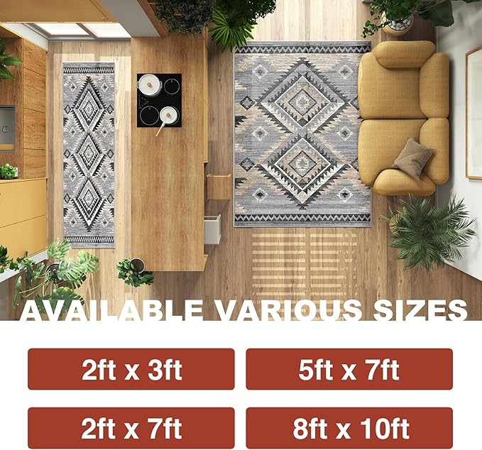 YHSF South West Native American Rug Ritz – Native Tribal American Indian Inspired Rug - Living Room, Bedroom, Hallway, Entryway & High-Traffic Area Rugs - Washable - Soft - Light Grey, 2 Feet x 3 Feet