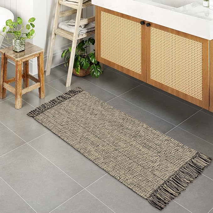 Collive Kitchen Runner Rug, 2x4.3 Hand-Woven Reversible Washable Bathroom Runner Rug for Entryway, Natural/Black Cotton Woven Boho Farmhouse Front Door Rug for Bedroom Entry Kitchen Floor Door Decor