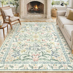 Lahome Boho Rugs for Living Room, Washable Large 8 x 10 Area Rugs for Bedroom Non Slip, Soft Ultra-Thin Distressed Floral Throw Carpet for Office Dining Room, Cream/Multi
