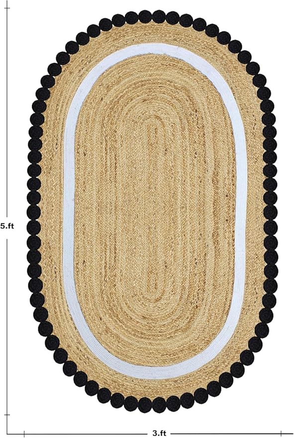 Kilim Oval Rug 6x9 Oval Flatweave Rug Natural Jute Thick 0.27" Solid Pattern Black Beige Hand Braided Jute Handmade Boho Indoor Outdoor Rugs for Bedroom Living Room Dining Room