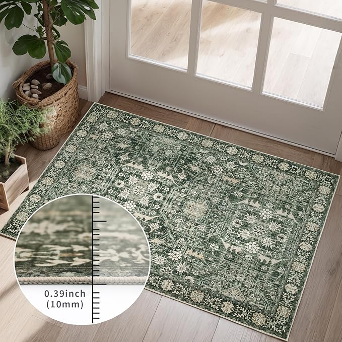 Area Rug 8×10 Washable Rugs for Bedroom, Vintage Floral Rug Soft Non Slip Stain Resistant Carpet for Living Room Dinning Room Kitchen Home Office Green Black