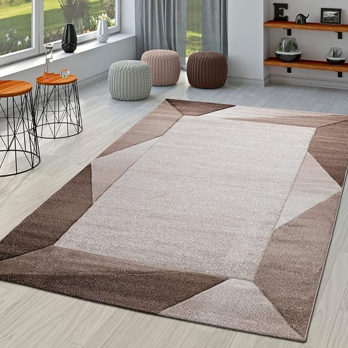 Paco Home Modern Area Rug Bordered with Geometric Pattern in Brown Beige with Contour Cut, Size: 2'8" x 4'11"