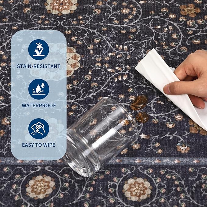 GarveeHome Boho 2x6 Runner Rug for Hallways Non Slip, Vintage Botanical Kitchen Rugs Washable Area Rug for Entryway Stain Resistant, Low Pile Soft Runner Blue Carpet for Bedroom Floor Laundry Room