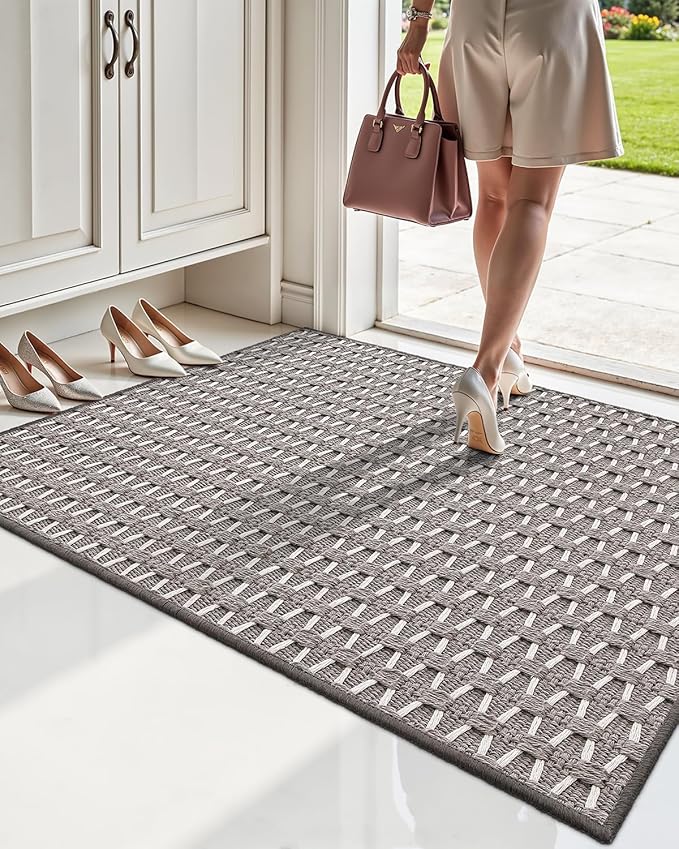 LUMI Handwoven Indoor Door Mat 32"x47", Non-Slip Low Profile Checkered Inside Doormat, Comfort Weave Grid Pattern Floor Mats, Taupe