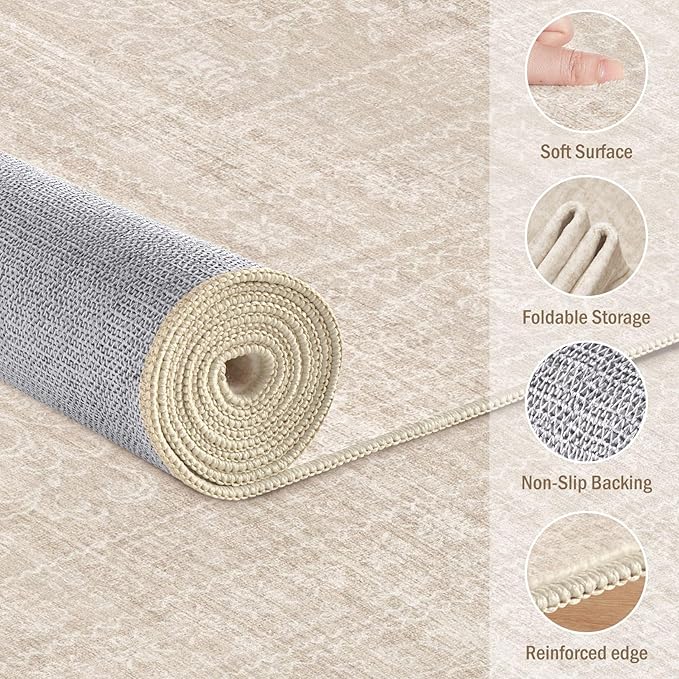 Area Rugs 9x12 Living Room: Washable Large Vintage Beige Rug Neutral Non-Slip Soft Stain Resistant Indoor Carpet for Bedroom Nursery Dining Room Under Table Bed Home House Office Playroom