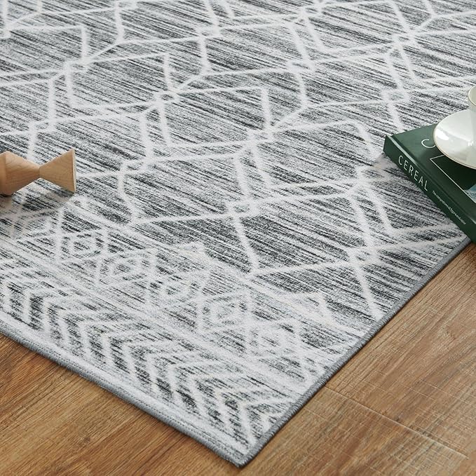 jinchan Moroccan 6x9 Area Rugs for Living Room - Machine Washable Modern Geometric Stain Resistant Ultra-Thin Low-Pile Large Rug Non-Slip Carpet for Bedroom Kitchen Dining Room (6x9ft, Grey)