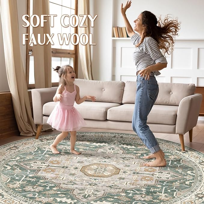 Round Rug Living Room Rugs: 8x8 Washable Boho Neutral Large Circle Soft Indoor Distressed Stain Resistant Floor Farmhouse Carpet for Bedroom Nursery Kids Playroom Office Dining Room Dorm- Green