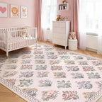 Wonnitar 8x10 Washable Rug, Pink Rugs for Girls Bedroom Decor, Boho Ultra-Thin Non Slip Soft Moroccan Floral Large Carpet for Living Room Baby Nursery Kids Playroom, Pale Pink