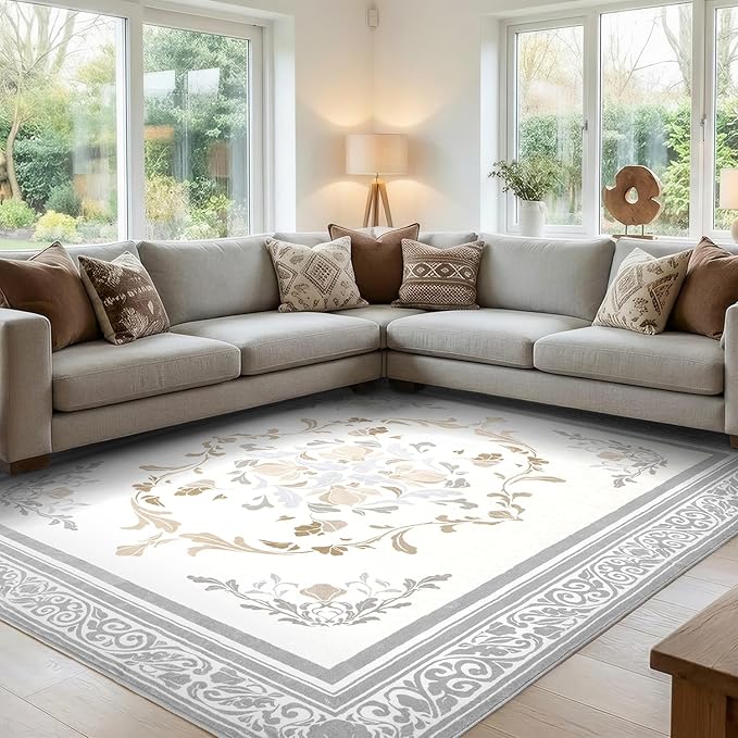 SOULFUL Medium Pile 3x5 Area Rug - Cozy Soft Underfoot Small Entryway Rug - Light Taupe Boho Floral - Washable Non-Slip - Perfect for Living Room Bedroom Foot Kids Room Reading Nook
