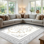 SOULFUL Medium Pile 8x10 Rugs for Living Room - Cozy Soft Underfoot Large Area Rug - Light Taupe Boho Floral - Washable Non-Slip - Perfect for Bedroom Kids Room Under Dining Table Office