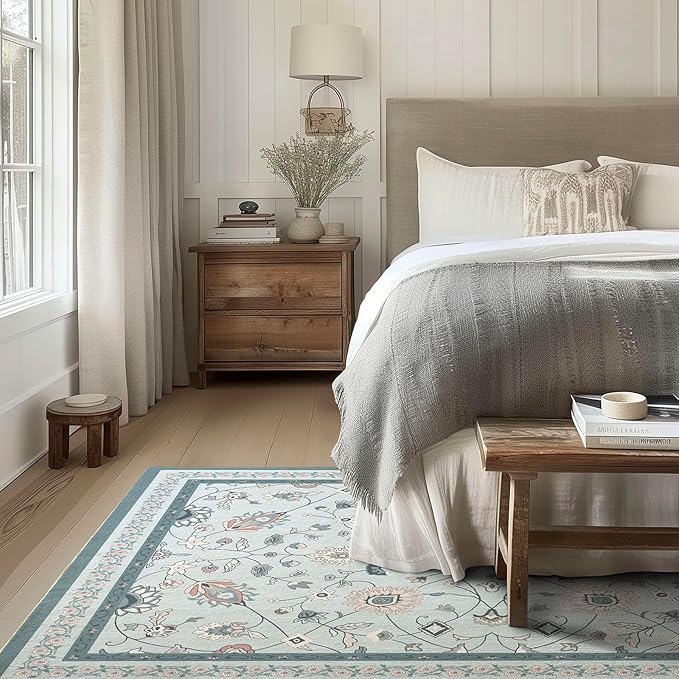 EVERGRACE Area Rugs for Living Room 5x7, Boho Floral Faux Wool Indoor Outdoor Rugs, Washable Rugs for Bedroom Dining Room Entryway Kitchen, Low Pile Floor Mat Carpet for Home Decor, Pale Blue