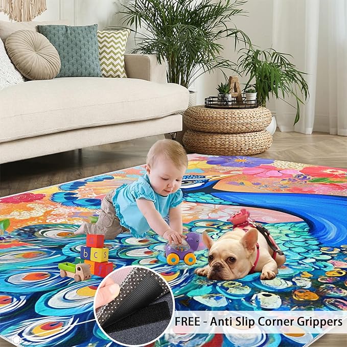 Peacock Area Rug 8x10-8x10 Rug, Boho Floral Rugs for Living Room, Colorful Carpet, Oil Painting Art Washable Area Rugs for Bedroom, Aesthetics Carpet - Peafowl Home Decor & Gifts