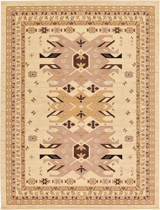 Unique Loom Taftan Collection Border Geometric Tribal Inspired Design Area Rug (9' 0 x 12' 0 Rectangular, Ivory/ Tan)